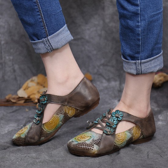 Retro Embossed Flower Splicing Floral Hollow Lace Up Slip On Flat Shoes