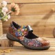 Retro Embossed Flower Splicing Floral Genuine Leather Flat Shoes