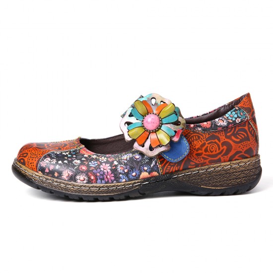 Retro Embossed Flower Splicing Floral Genuine Leather Flat Shoes