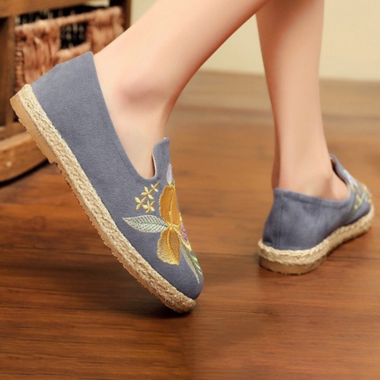 Women Handmade Embroidery Straw Comfy Lightweight Casual Flat Loafers