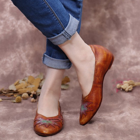 Retro Splicing Vine Comfy Genuine Leather Pointed Toe Slip On Flat Shoes