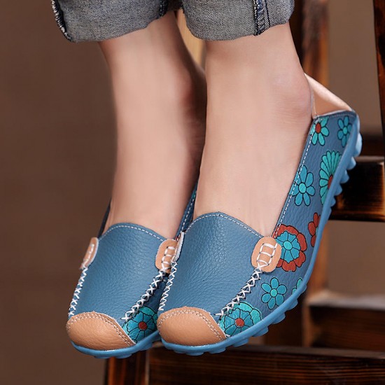 Big Size Women Flower Floral Leather Loafers Moccasins Flats Soft Ballet Shoes Round Toe Flats