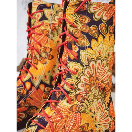 Embroidered Sunflowers Printing Block Heel Round Toe Lace-up Mid-calf Combat Boots for Women