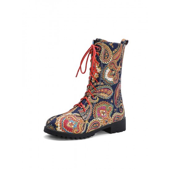 Embroidered Sunflowers Printing Block Heel Round Toe Lace-up Mid-calf Combat Boots for Women