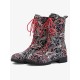 Embroidered Sunflowers Printing Block Heel Round Toe Lace-up Mid-calf Combat Boots for Women