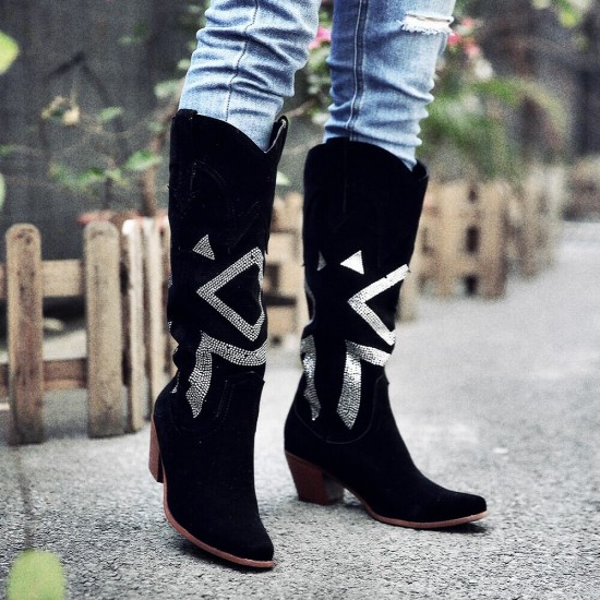 Plus Size Women Suede Rhinestone Chunky Heel Knee Cowboy Boots