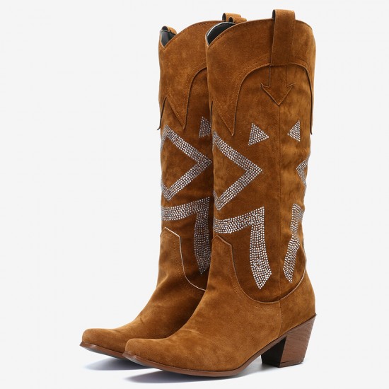 Plus Size Women Suede Rhinestone Chunky Heel Knee Cowboy Boots