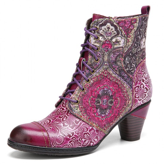 Socofy Genuine Leather Floral Pattern Retro Mid-calf Boots