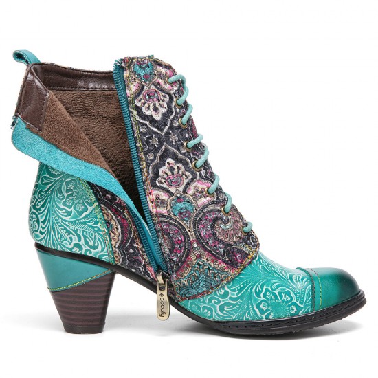 Socofy Genuine Leather Floral Pattern Retro Mid-calf Boots