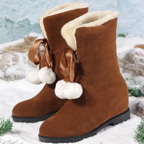 Women Solid Color Casual Elegant Pompom Bowknot Warm Fluff Flanging Snow Boots