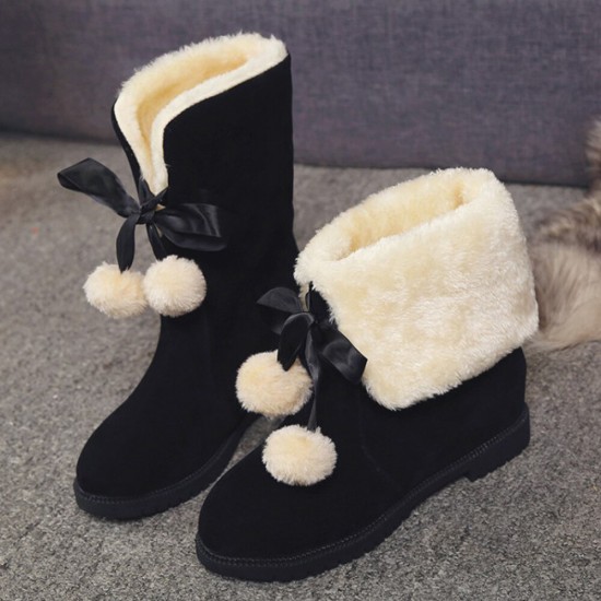 Women Solid Color Casual Elegant Pompom Bowknot Warm Fluff Flanging Snow Boots