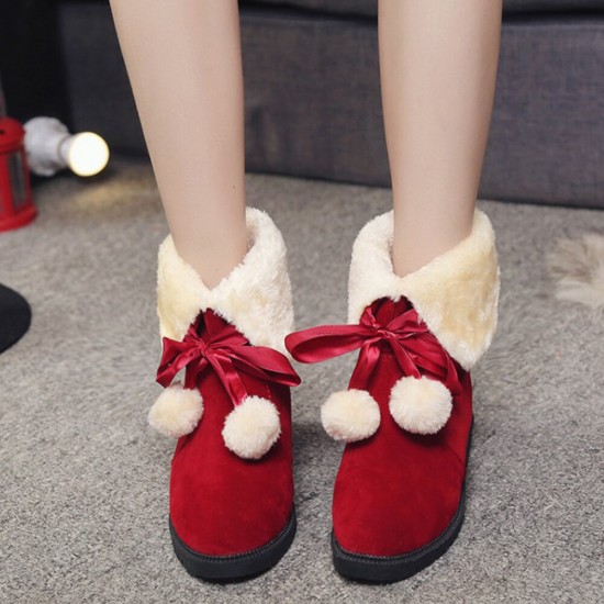 Women Solid Color Casual Elegant Pompom Bowknot Warm Fluff Flanging Snow Boots