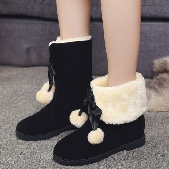 Women Solid Color Casual Elegant Pompom Bowknot Warm Fluff Flanging Snow Boots