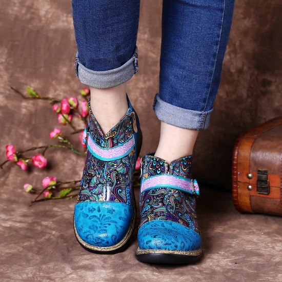 Folkways Pattern Genuine Leather Splicing Comfy Flat Ankle Boots