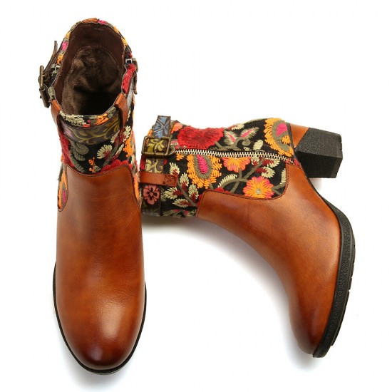 Ladies Causal Floral Pattern Buckle Deco Splicing Round Toe Block Heel Ankle Boots