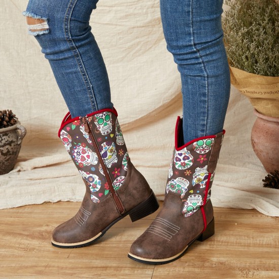 Women Retro Flower Printing Pointed Toe Zipper Mid-calf Cowboy Boots