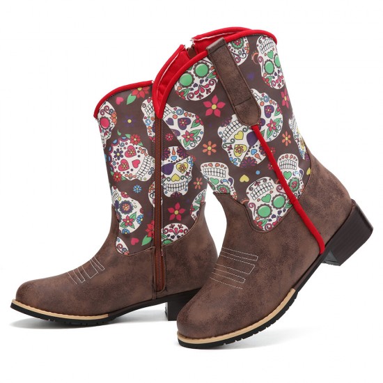 Women Retro Flower Printing Pointed Toe Zipper Mid-calf Cowboy Boots