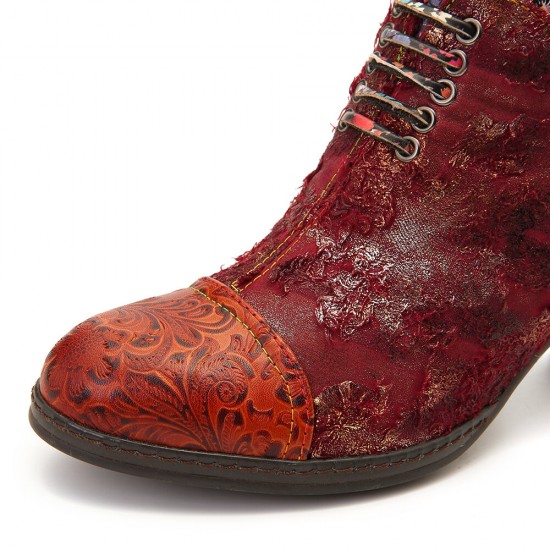 Women Casual Floral Splicing Pattern Warm Lined Zip Up Cone Heel Ankle Boot