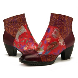 Retro Colorful Printed Flowers Pattern Embossed Stitching Comfortable Zipper High Heel Boots