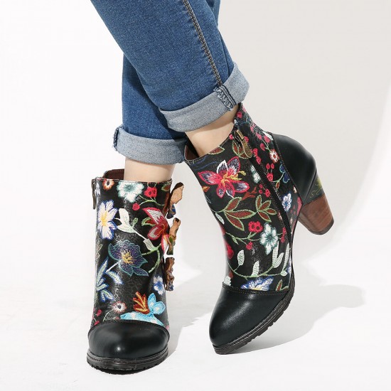 Women's Floral Causal Black Warm Lined Stacked Heel Ankle Boots