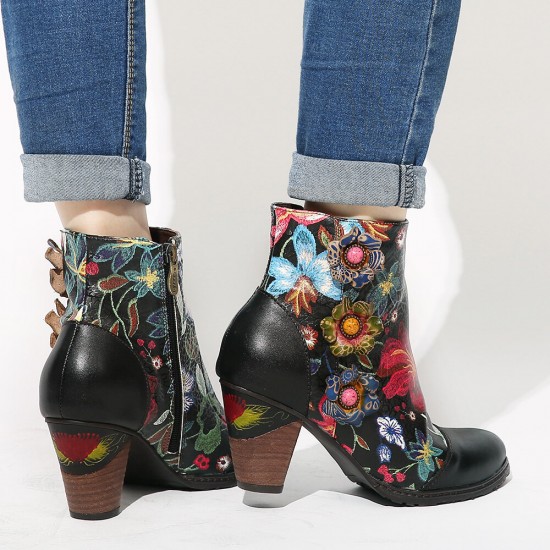 Women's Floral Causal Black Warm Lined Stacked Heel Ankle Boots