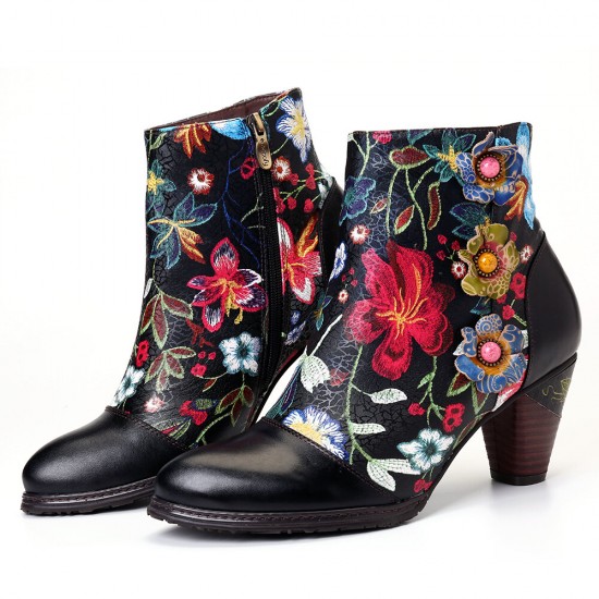 Women's Floral Causal Black Warm Lined Stacked Heel Ankle Boots