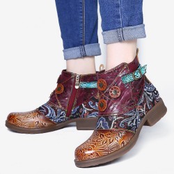 Retro Floral Pattern Splicing Adjustable Casual Round Toe Zipper Ankle Boots