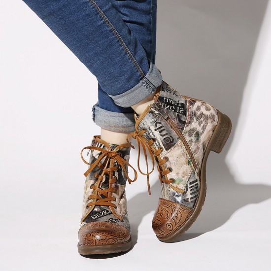 Retro Genuine Leather Newspaper Pattern Flat Ankle Boots