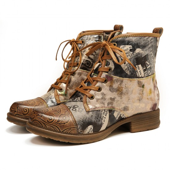 Retro Genuine Leather Newspaper Pattern Flat Ankle Boots