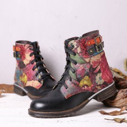 Womens Watercolor Rose Genuine Leather Zipper Lace Up Flat Boots