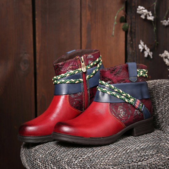 Printed Outdoor Woven Rope Splicing Side-zip Round Toe Block Heel Ankle Boots