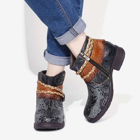 Printed Outdoor Woven Rope Splicing Side-zip Round Toe Block Heel Ankle Boots