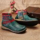 Retro Womens Green Embossed Genuine Leather Soft Flat Zipper Ankle Boots