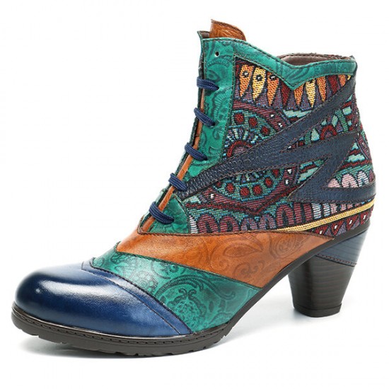 Bohemian Splicing Pattern Block Zipper Ankle Leather Boots Shoe