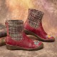 Check Woolen Splicing Floral Embossed Genuine Leather Flat Short Boots