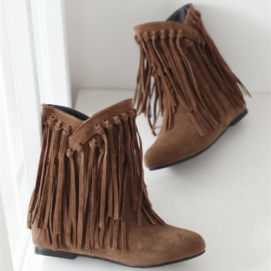 Plus Size Women Casual Suede Tassel Increased Heel Short Boots