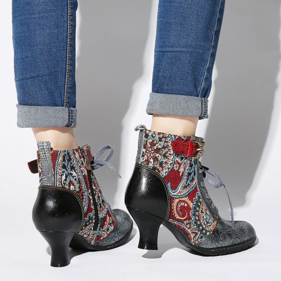 Embossed Splicing Tribal Pattern Buckle Deco Lace-up Zipper Warm Lined Ankle Boots