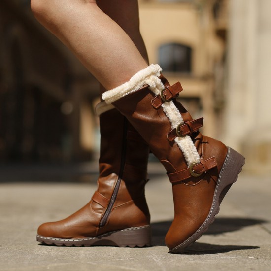 Women Plush Lining Buckle Decor Mid Calf Motorcycle Boots