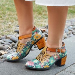 Genuine Leather Retro Floral Hook & Loop Comfy T-strap Heels