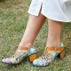 Genuine Leather Retro Floral Hook & Loop Comfy T-strap Heels