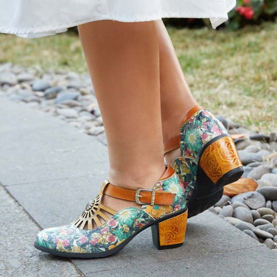 Genuine Leather Retro Floral Hook & Loop Comfy T-strap Heels