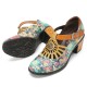 Genuine Leather Retro Floral Hook & Loop Comfy T-strap Heels