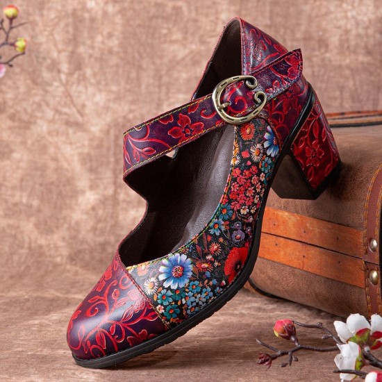 Women Retro Floral Printing Leather Comfy Round Toe Soft Sole Chunky Heels