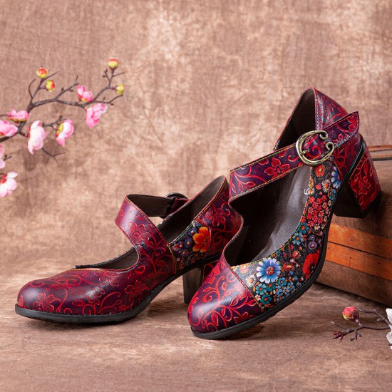 Women Retro Floral Printing Leather Comfy Round Toe Soft Sole Chunky Heels