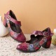 Women Retro Floral Printing Leather Comfy Round Toe Soft Sole Chunky Heels