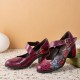 Women Retro Floral Printing Leather Comfy Round Toe Soft Sole Chunky Heels