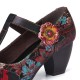 Retro Florals Embroidery Flowers Leather Low Heel T-strap Hook Loop Pumps