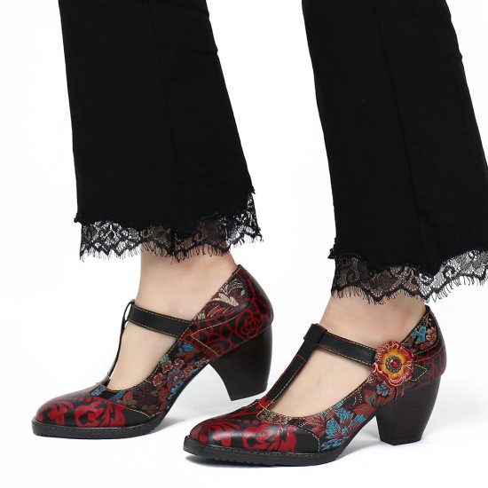 Retro Florals Embroidery Flowers Leather Low Heel T-strap Hook Loop Pumps