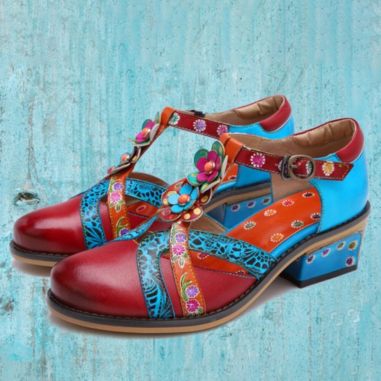 Genuine Leather Comfy Hook & Loop Retro Ethnic Low Heel Floral T-Strap Shoes