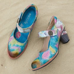 Genuine Leather Hook & Loop Leaf Painted Comfy Mary Jane Heels